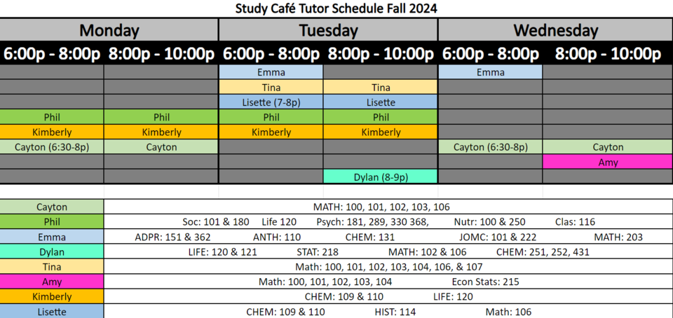 Study Cafe Tutor Schedule FA24